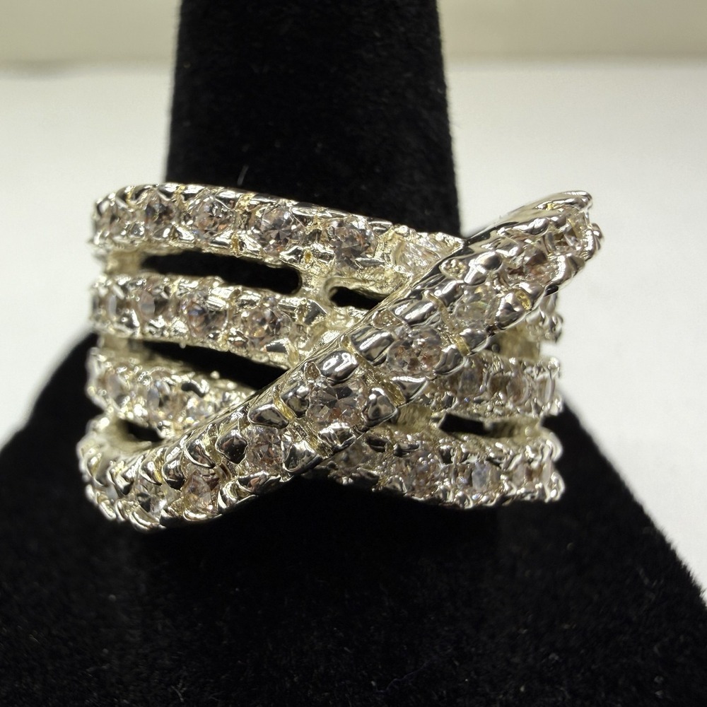 Silver Tone Multi-Band Criss-Cross Rhinestone Ring Statement Jewelry Sz 8.5